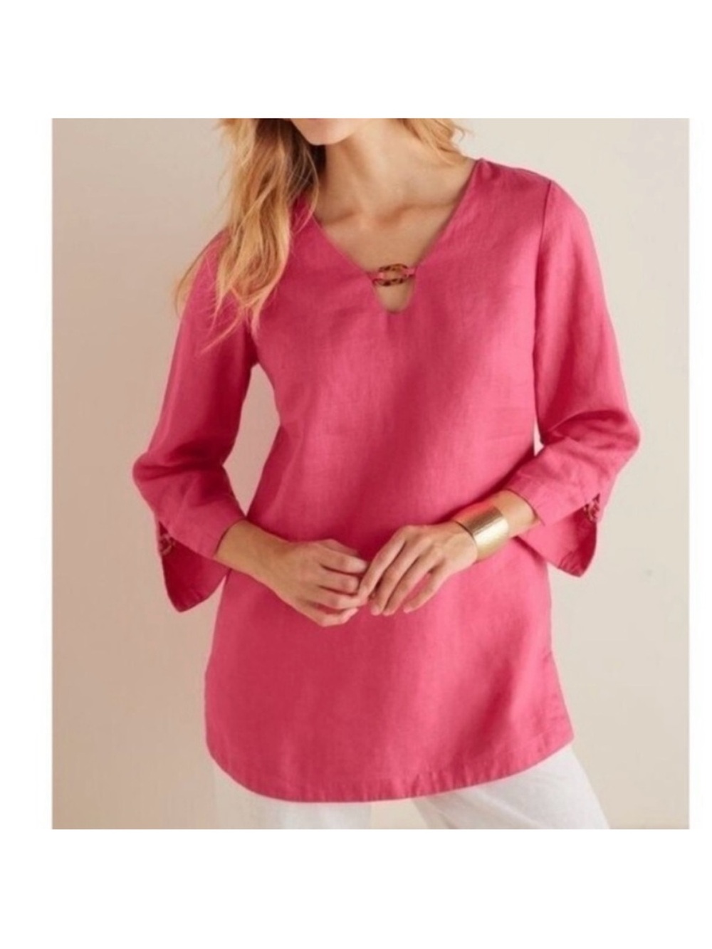Soft Surroundings Saja Vibrant Hot Pink 100% Linen Tunic Top L v-neck popover